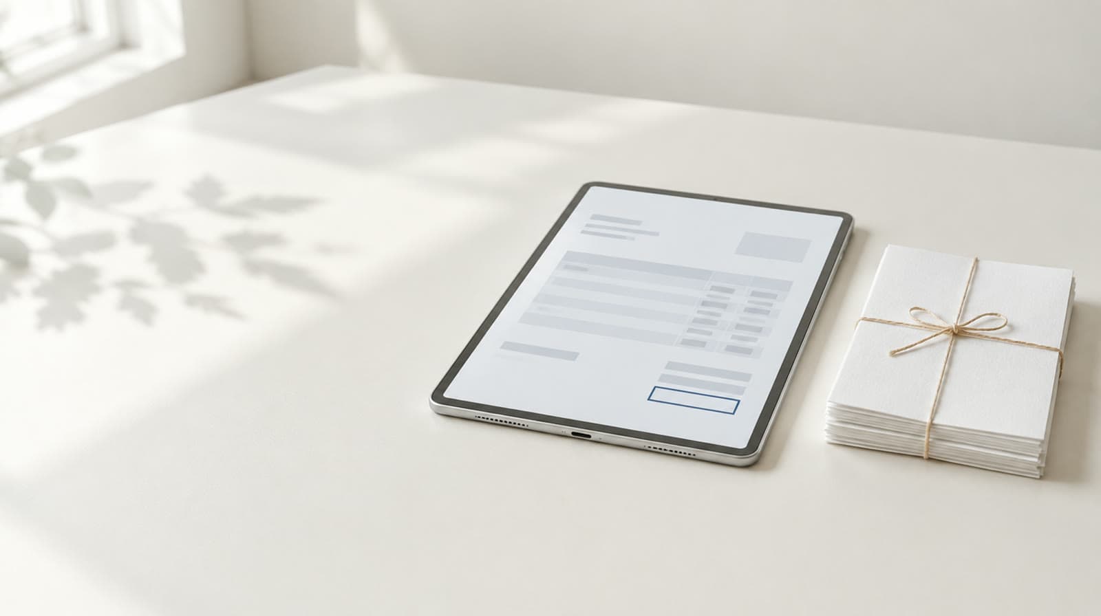 Tablet mit einer schematischen Rechnung neben einem verschnürten Papierstapel