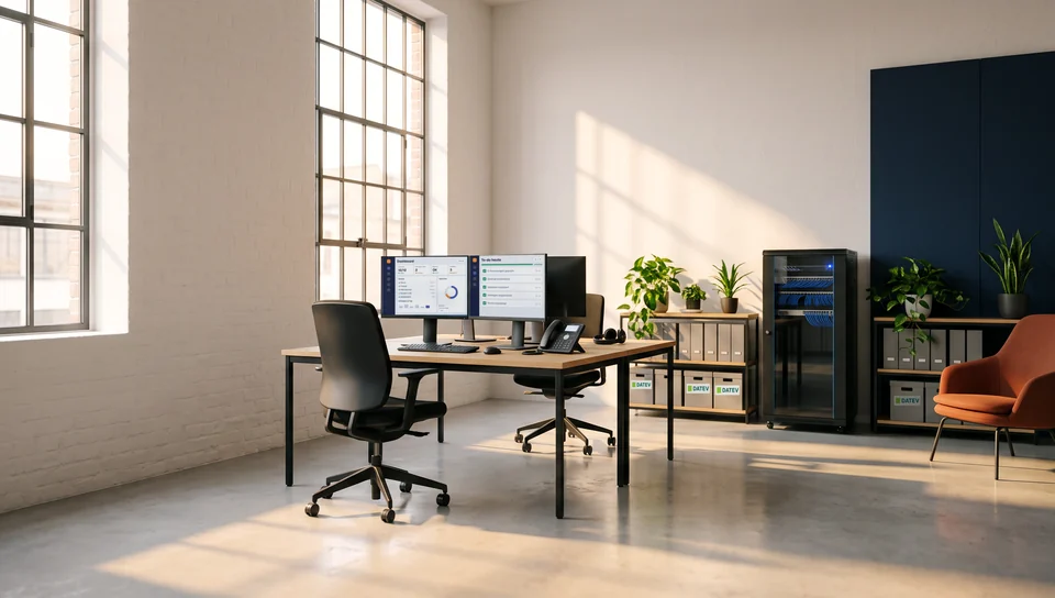 Aufgeräumtes Büro: Netzwerkschrank, Arbeitsplatz und Ablage in Ordnung (KI-generiertes Symbolbild)