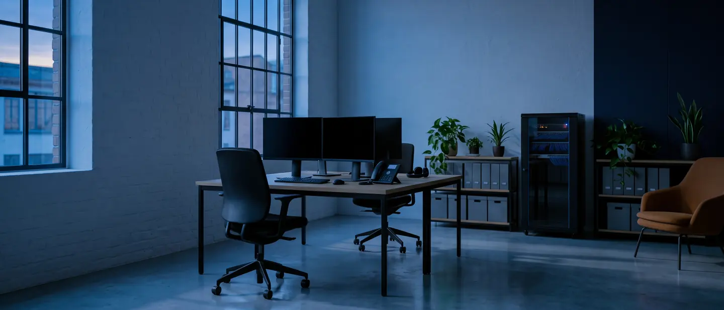 Dasselbe Büro zur blauen Stunde, nur der Netzwerkschrank arbeitet weiter (KI-generiertes Symbolbild)