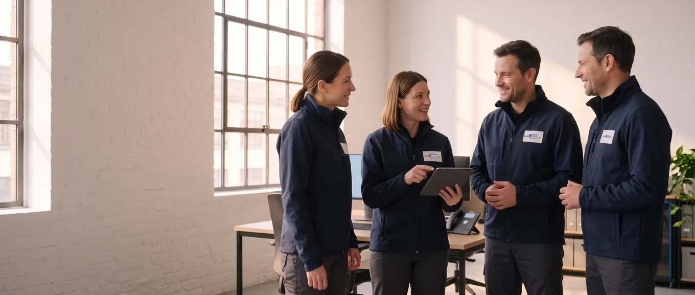 Vier Kolleginnen und Kollegen in Kommtronik-Jacken im Gespräch (KI-generiertes Symbolbild)