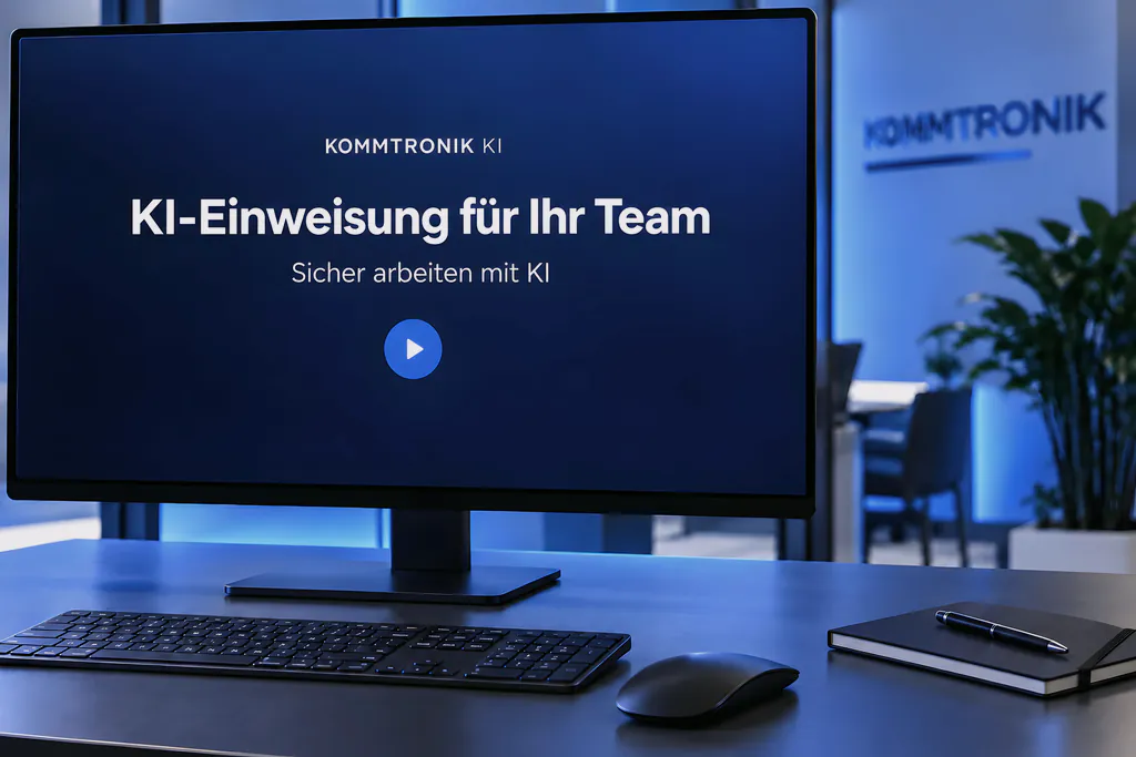 Schreibtisch im Büro, auf dem Bildschirm die Titelfolie „KI-Einweisung für Ihr Team – Sicher arbeiten mit KI“ (KI-generiertes Symbolbild)