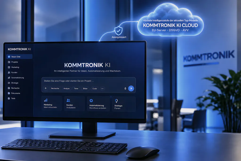 Bildschirm mit der Oberfläche von Kommtronik KI; eine Lichtlinie führt über das Schild „Anonymisiert“ zur Wolke „Kommtronik KI Cloud – EU-Server, DSGVO, AVV“ (KI-generiertes Symbolbild)