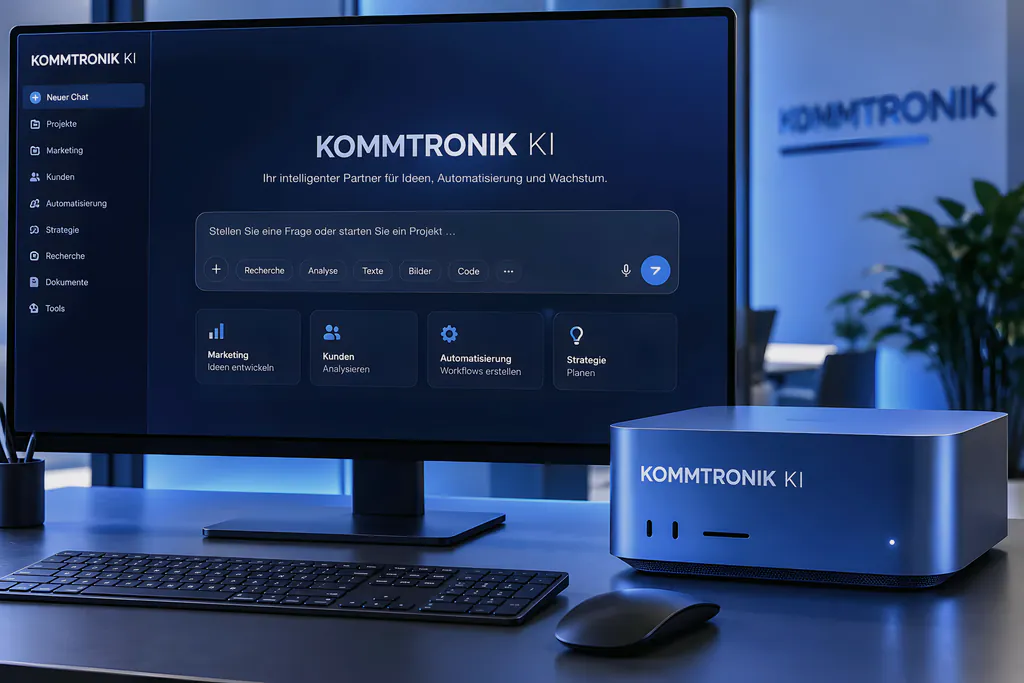 Bildschirm mit Kommtronik KI, daneben auf dem Tisch ein kleiner KI-Server mit der Aufschrift „Kommtronik KI“ (KI-generiertes Symbolbild)