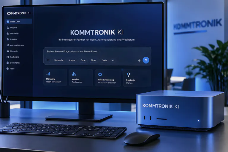 Bildschirm mit Kommtronik KI, daneben auf dem Tisch ein kleiner KI-Server mit der Aufschrift „Kommtronik KI“ (KI-generiertes Symbolbild)